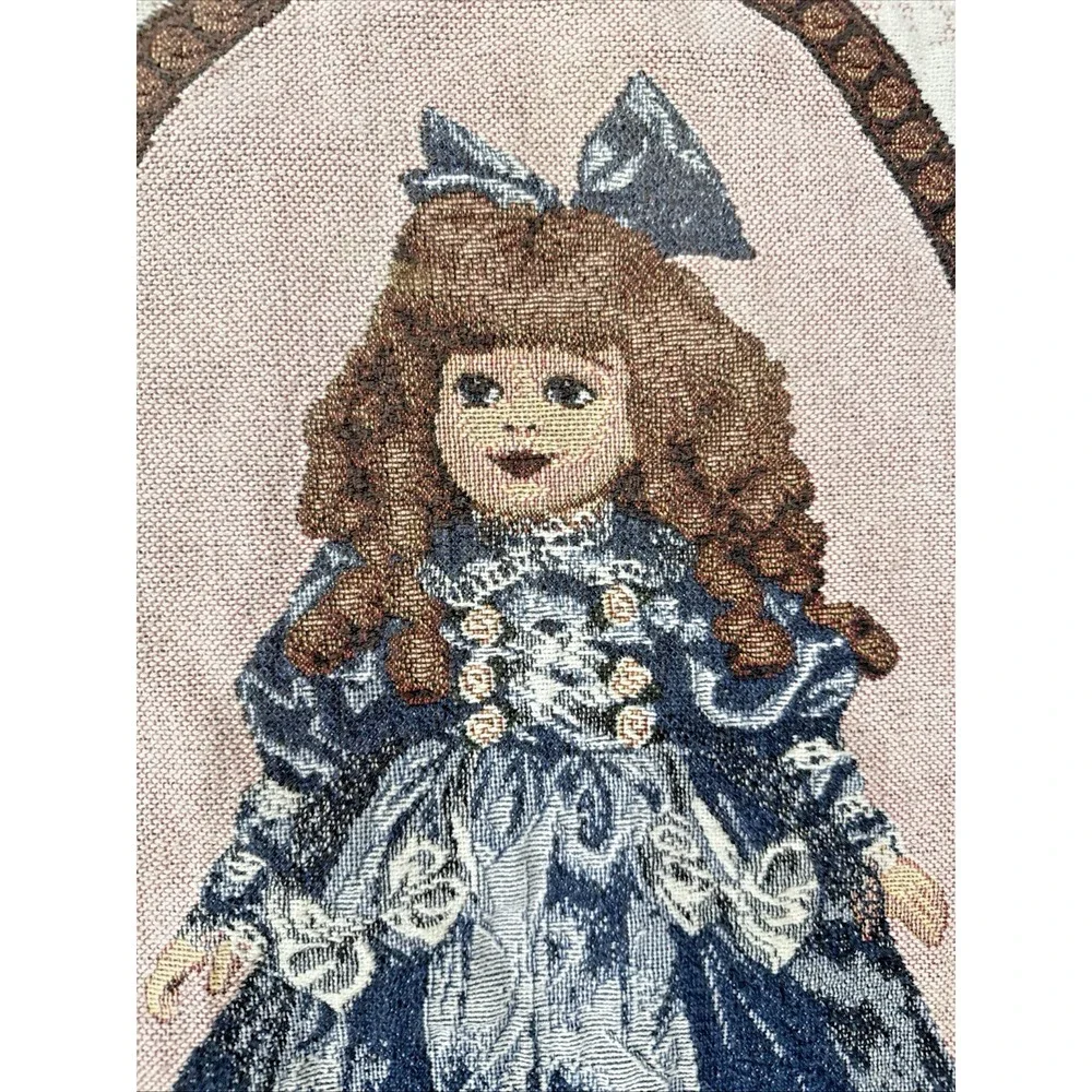 Vintage Victorian Porcelain Doll Woven Tapestry Throw Blanket Fringe 64x49